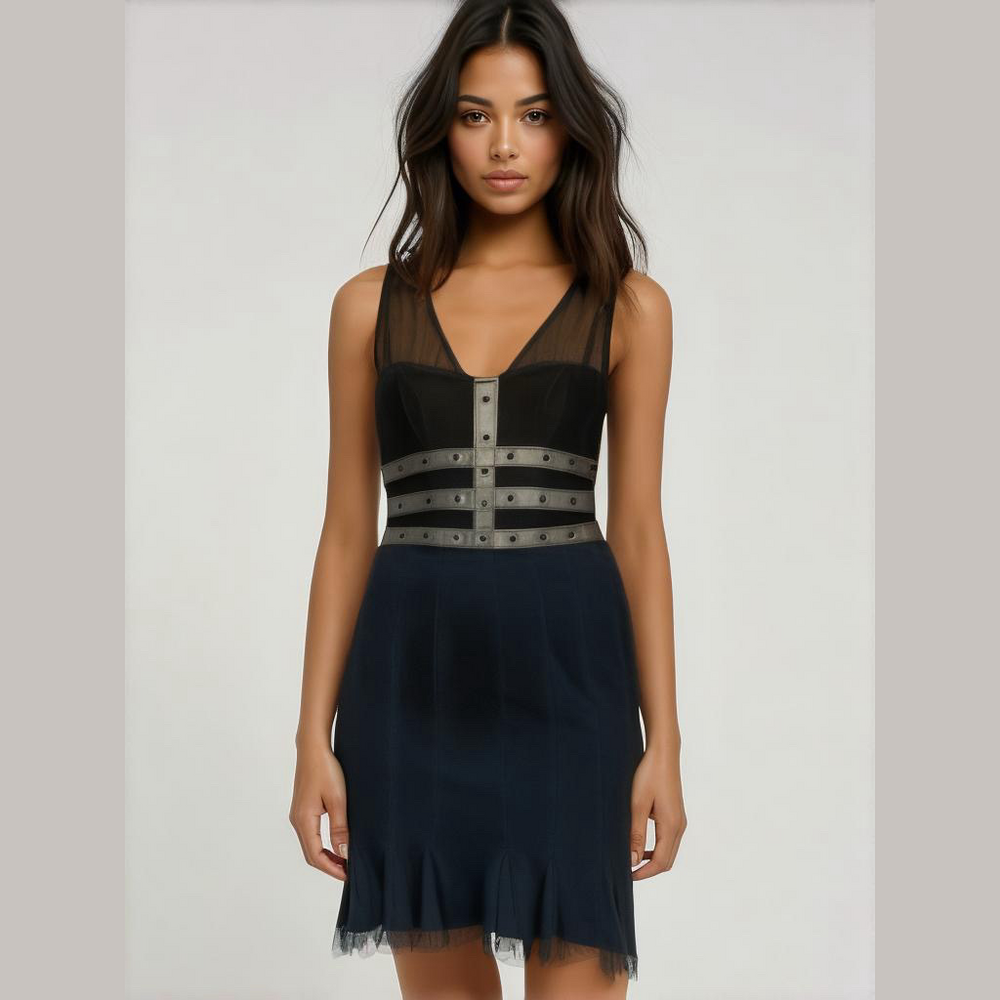 BEBE bodycon dress Sleeveless black cocktail faux leather trim